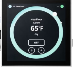 Wall thermostat showing HeatFloor, a current temperature of 65°F, and an off button.